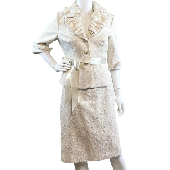 Victor Costa Jacket Skirt 2 Pc Set MOB Church Suit Cream-Ivory Shimmer Size 8 - Picture 1 of 11